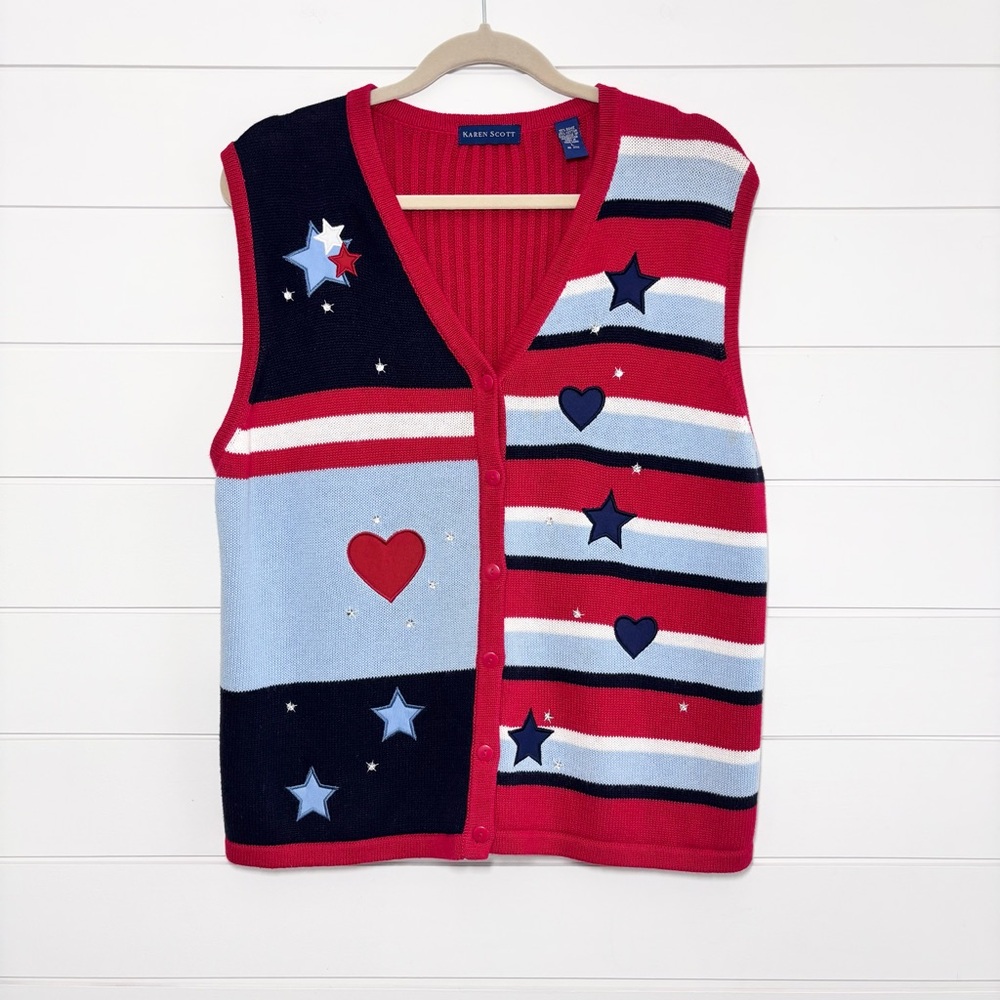 Karen Scott Americana‎ Knit Sweater Vest Size L Red White Blue Stars & Stripes